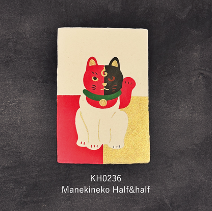 Hand-printed Postcard Maneki-neko Half and Half